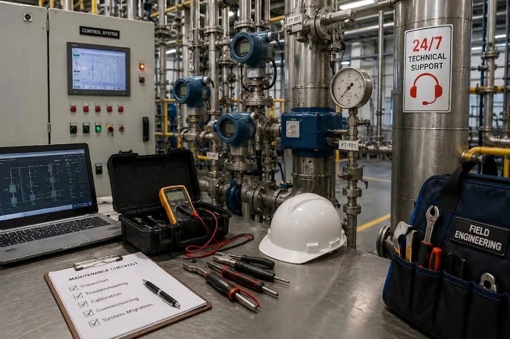 حقيبة أدوات الهندسة الميدانية لشركة KMT وقائمة فحص الصيانة وجهاز قياس متعدد بجانب أجهزة قياس المصنع ولوحة نظام تحكم
